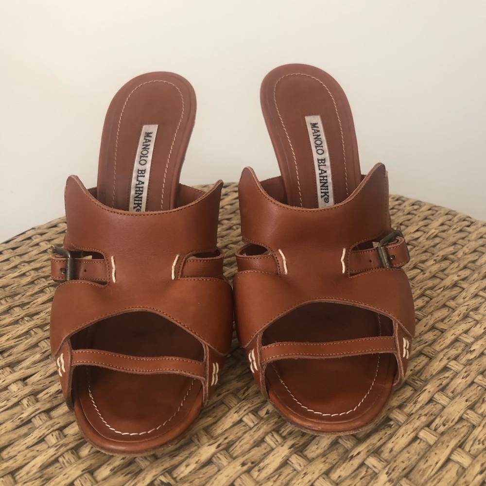 Manolo Blahnik Brown Leather Slide Sandals